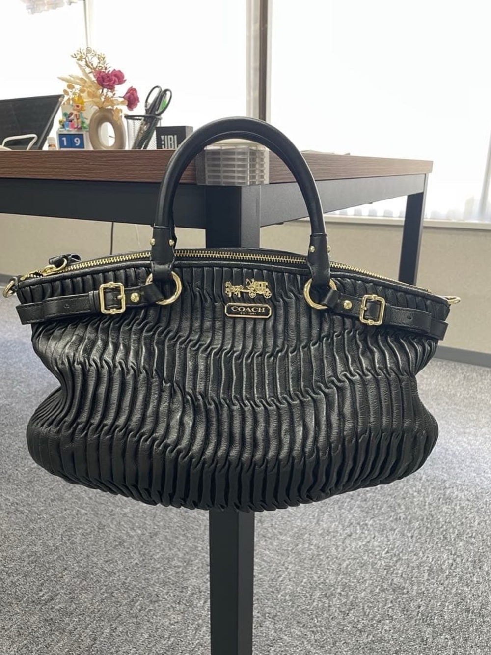 Coach Black Ruched Leather Satchel with Gold Accents